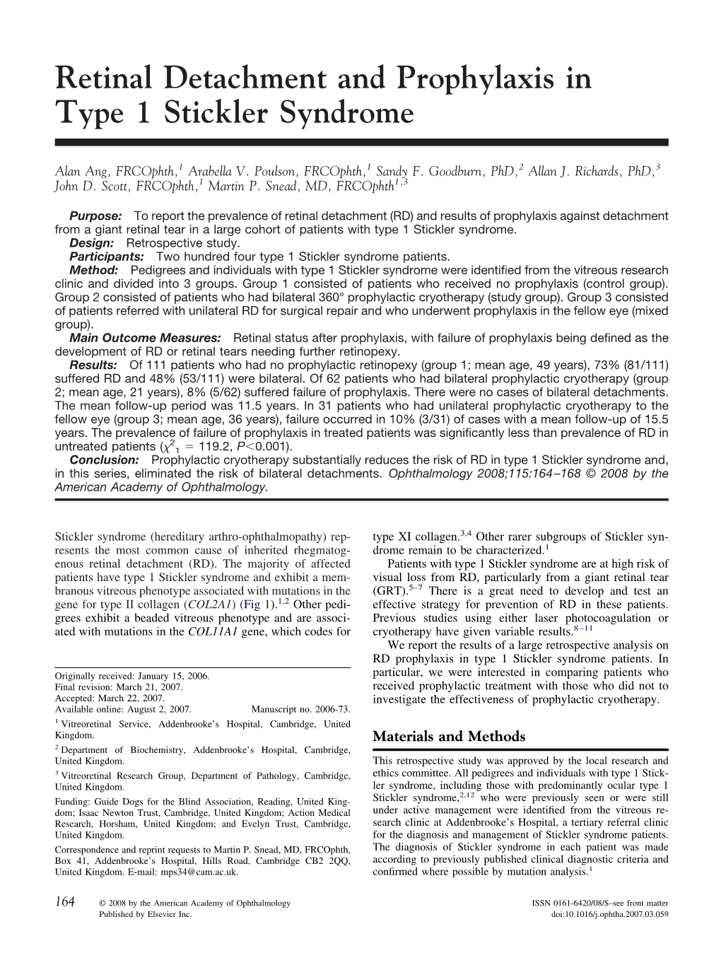 Retinal Detachment and Prophylaxis in Type 1 Stickler Syndrome