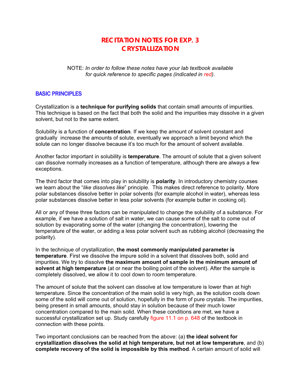 Recitation Notes for Exp. 3 Crystallization