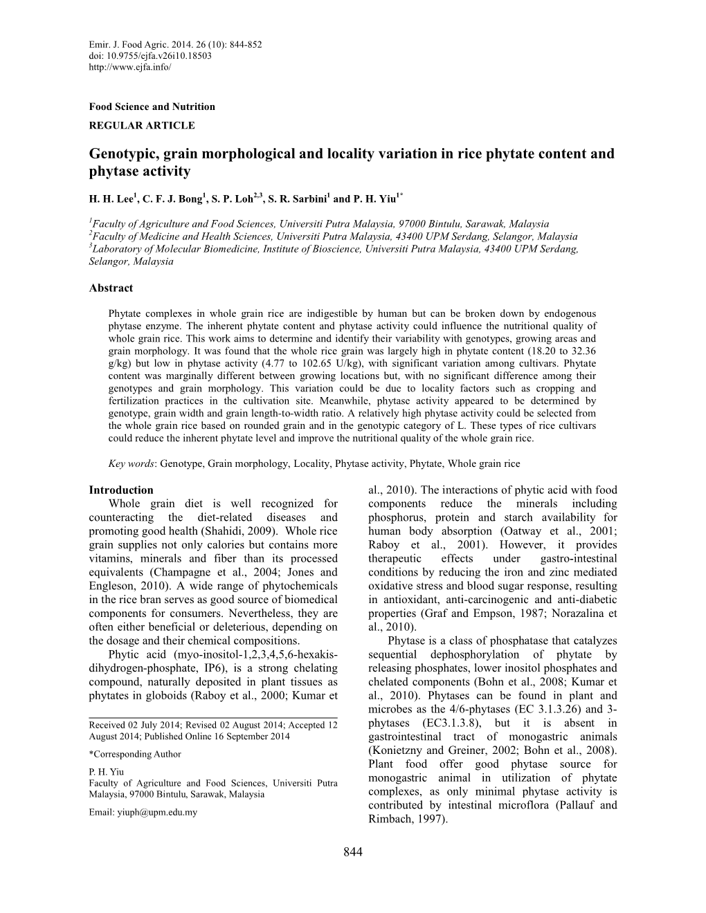 Genotypic, Grain Morphological and Locality Variation in Rice Phytate Content and Phytase Activity