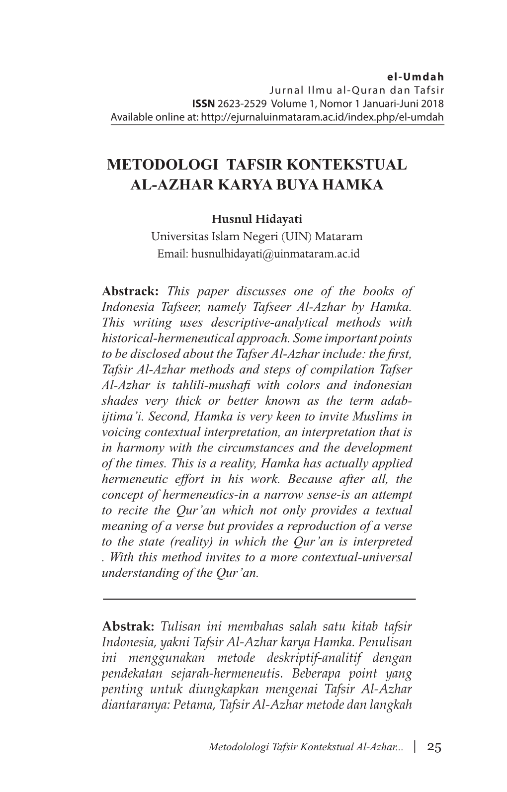 Metodologi Tafsir Kontekstual Al-Azhar Karya Buya Hamka
