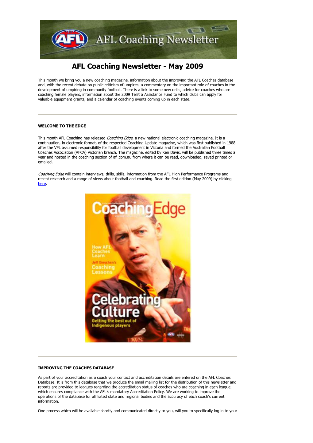 AFL Coaching Newsletter - May 2009