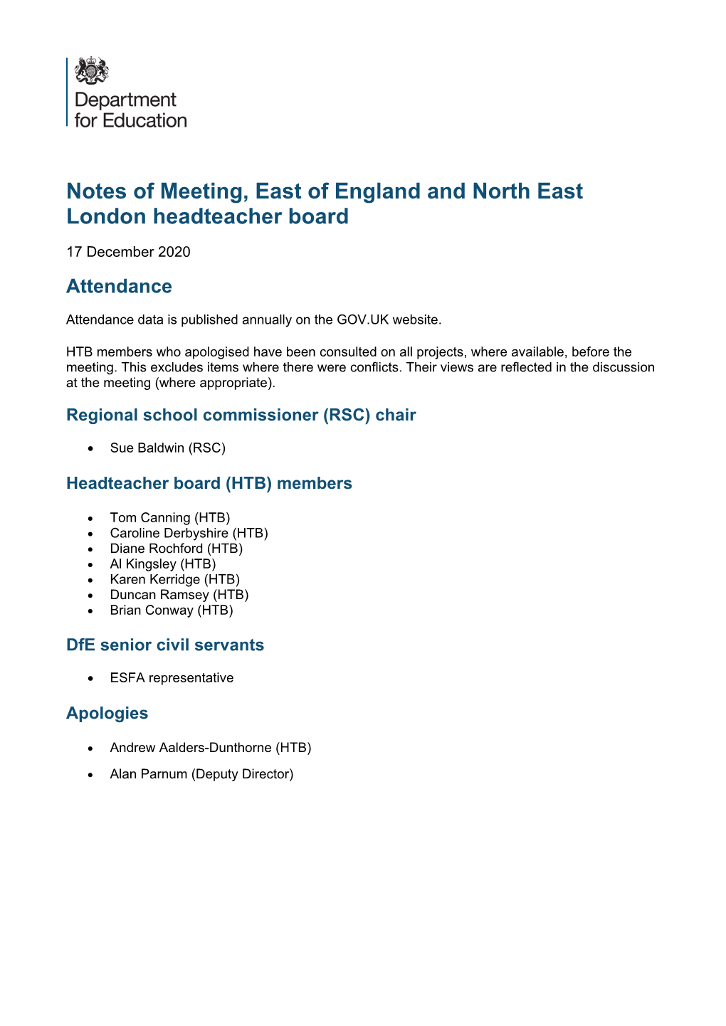 Notes of Meeting, East of England and North East London Headteacher Board