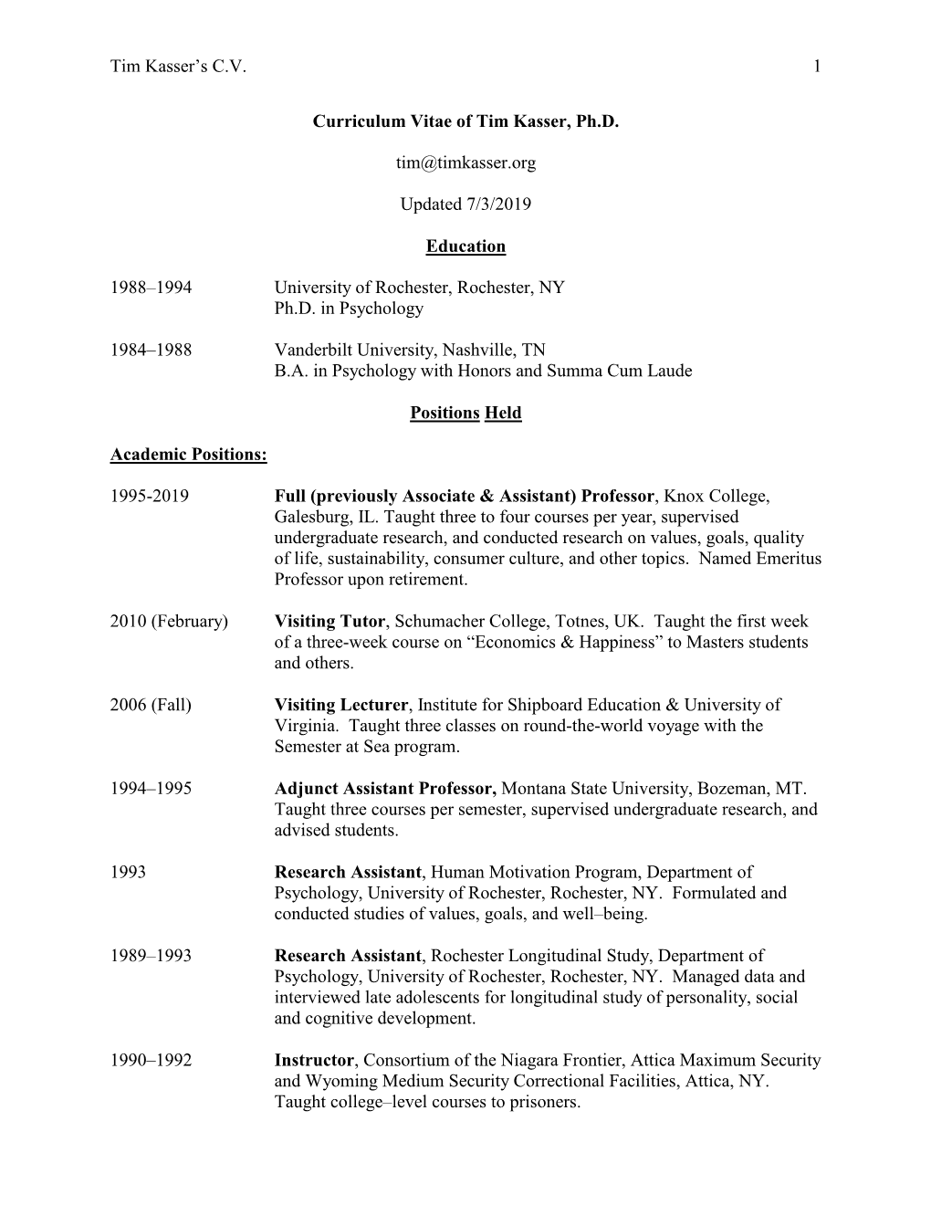 Tim Kasser's CV