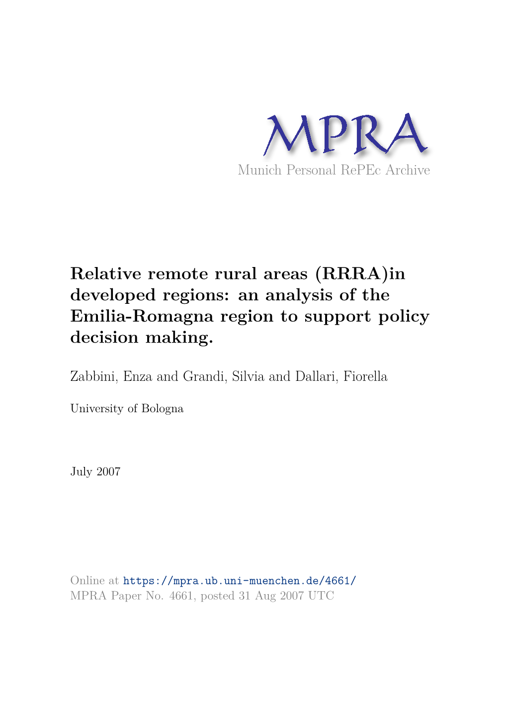 Relative Remote Rural Areas (RRRA)In Developed Regions: an Analysis of the Emilia-Romagna Region to Support Policy Decision Making