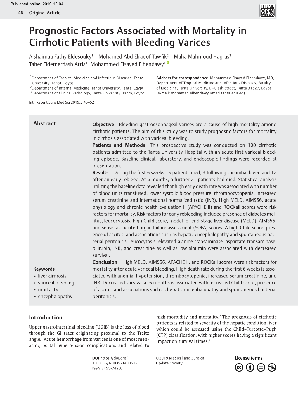 Prognostic Factors Associated with Mortality in Cirrhotic Patients with Bleeding Varices