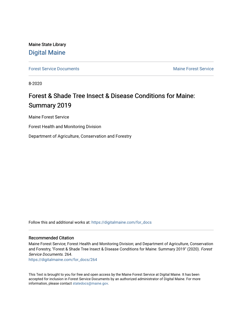 Forest & Shade Tree Insect & Disease Conditions for Maine: Summary 2019