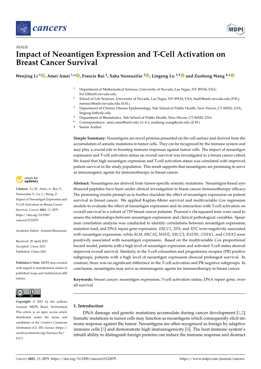 Impact of Neoantigen Expression and T-Cell Activation on Breast Cancer Survival