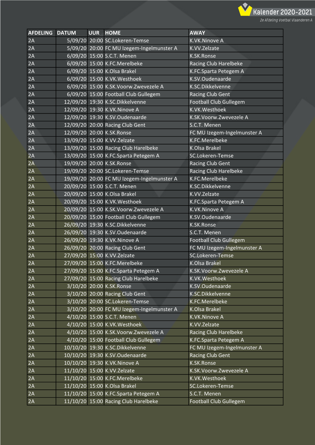 Kalender 2020-2021 2E Afdeling Voetbal Vlaanderen A