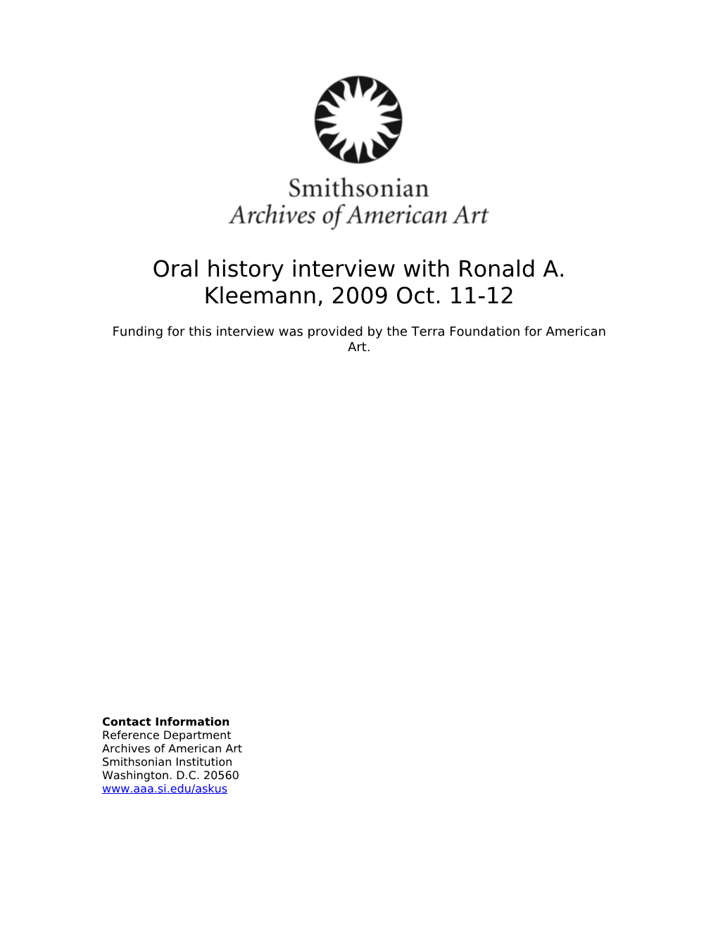 Oral History Interview with Ronald A. Kleemann, 2009 Oct. 11-12