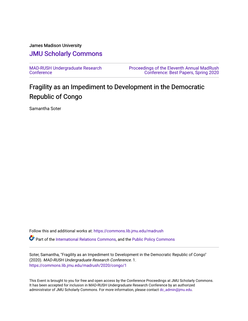 Fragility As an Impediment to Development in the Democratic Republic of Congo