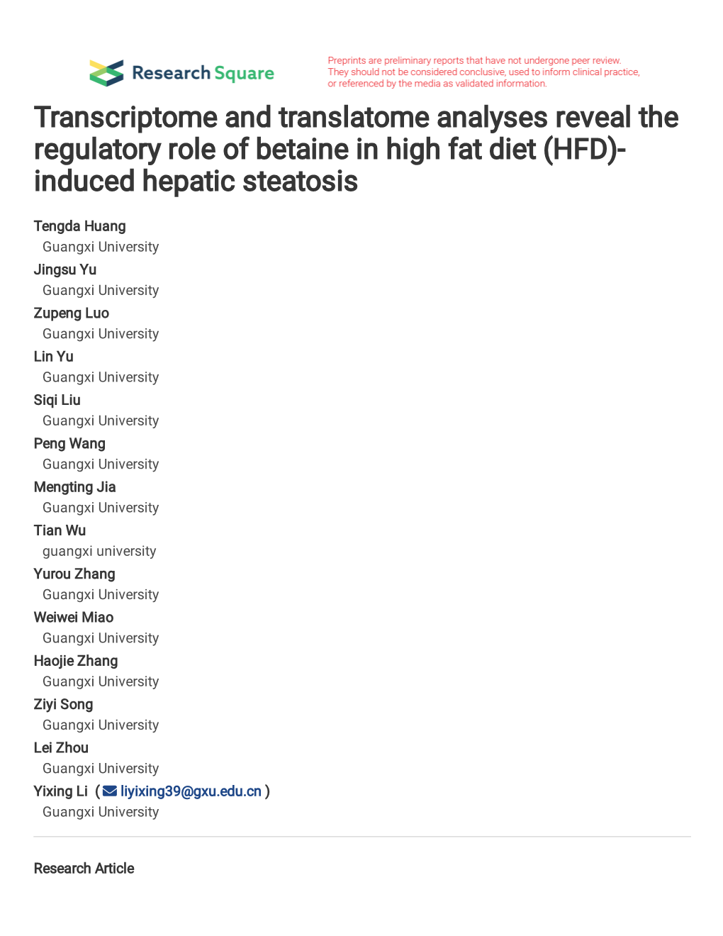 Transcriptome and Translatome Analyses Reveal the Regulatory Role of Betaine in High Fat Diet (HFD)- Induced Hepatic Steatosis