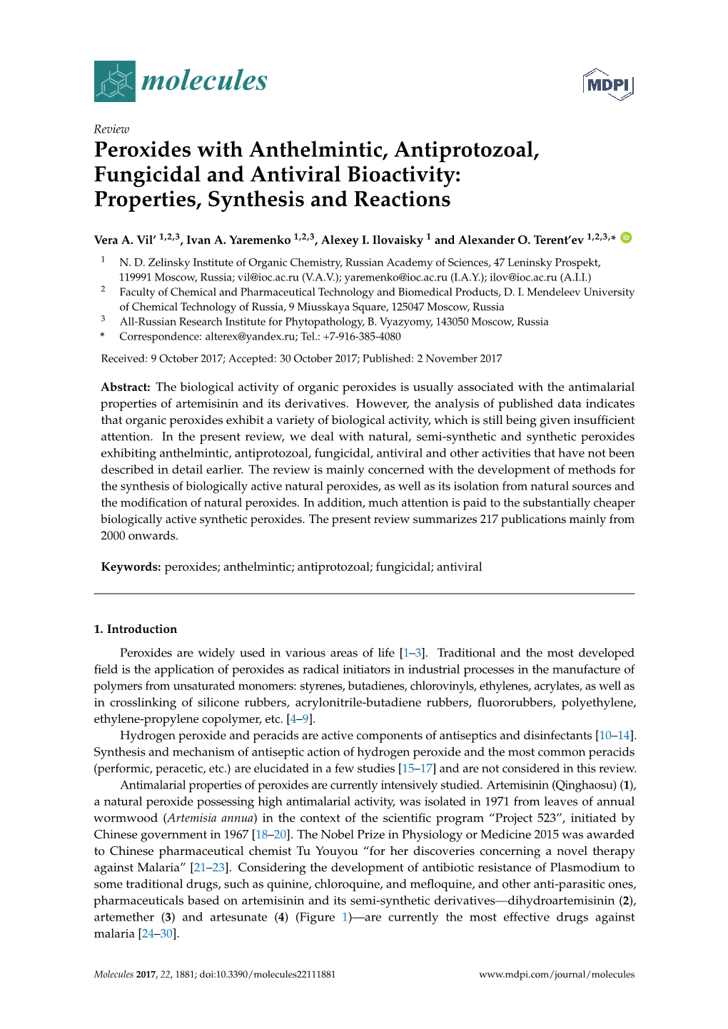 Peroxides with Anthelmintic, Antiprotozoal, Fungicidal and Antiviral Bioactivity: Properties, Synthesis and Reactions