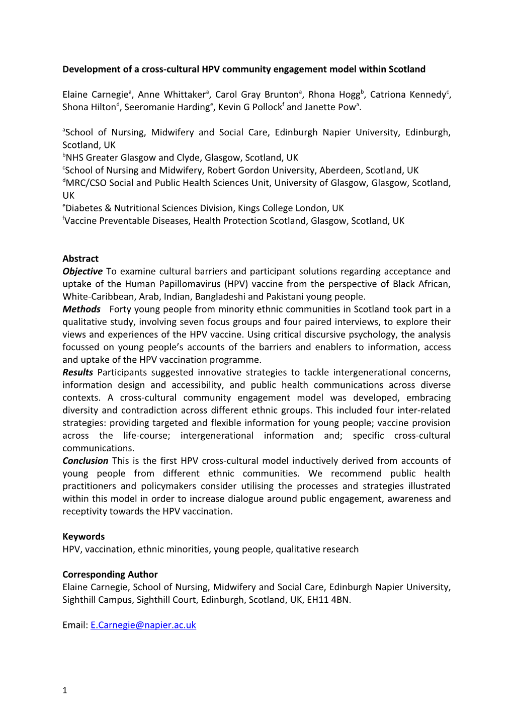 Development of a Cross-Cultural HPV Community Engagement Model Within Scotland