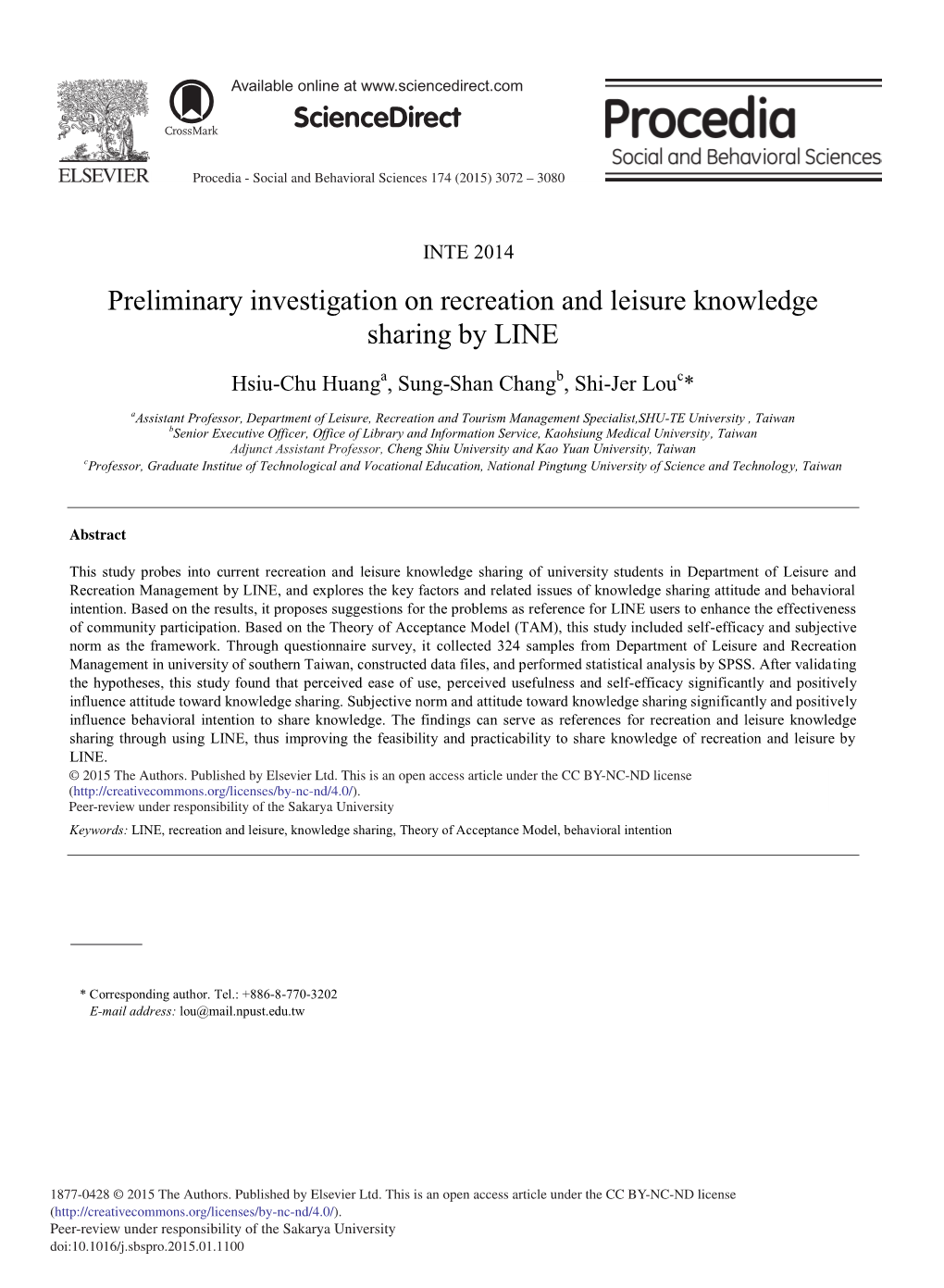 Preliminary Investigation on Recreation and Leisure Knowledge Sharing by LINE