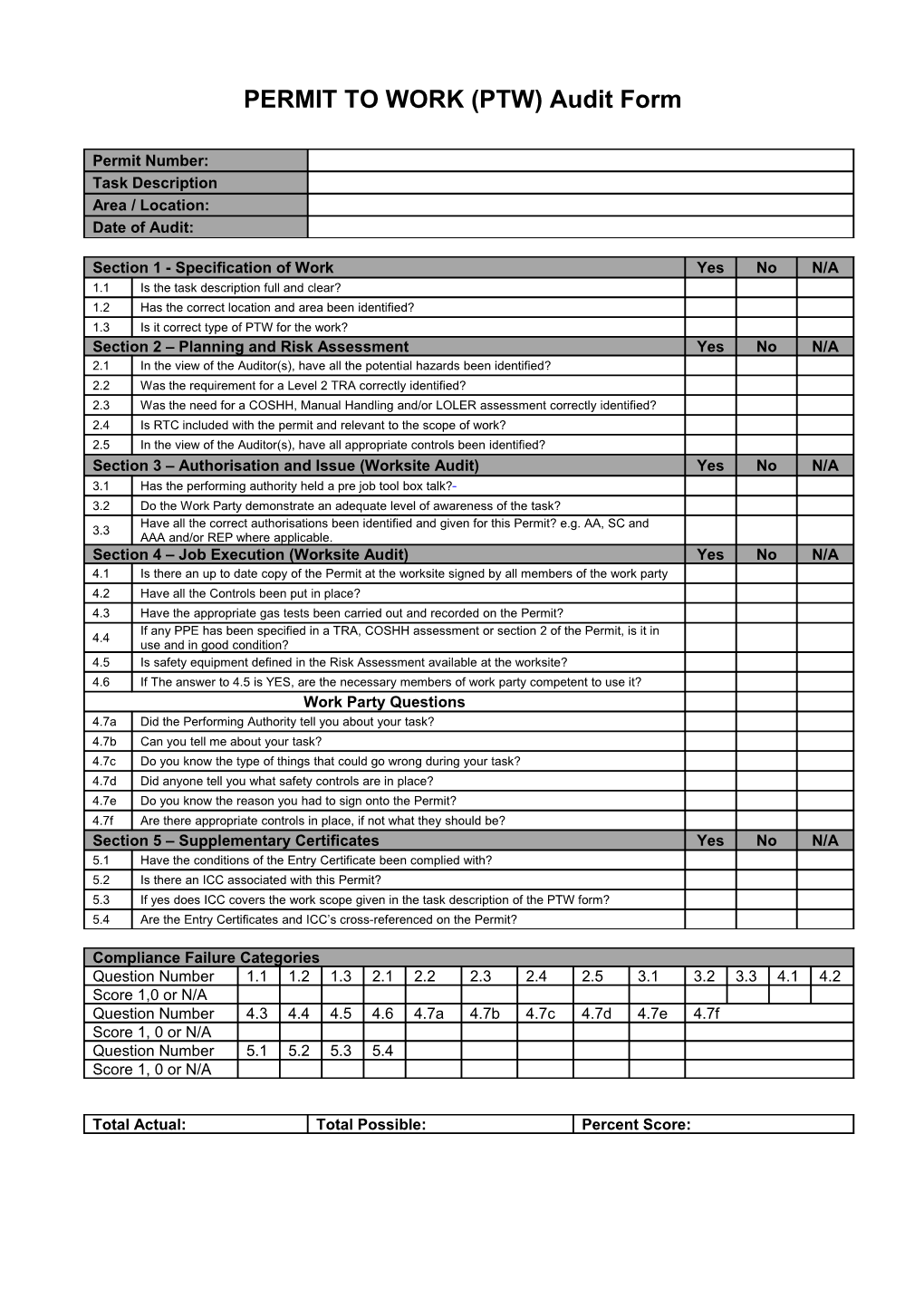 PERMIT to WORK (PTW) Audit Form