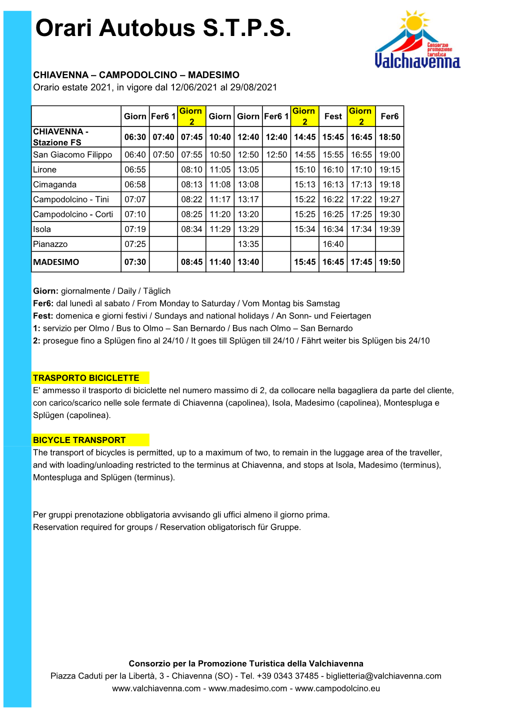 CHIAVENNA – CAMPODOLCINO – MADESIMO Orario Estate 2021, in Vigore Dal 12/06/2021 Al 29/08/2021