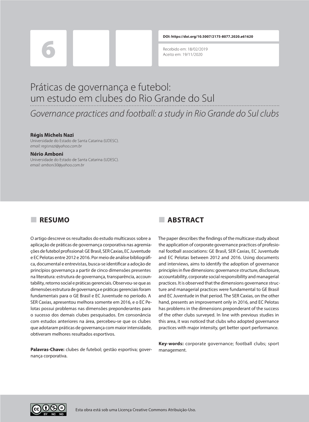 Práticas De Governança E Futebol: Um Estudo Em Clubes Do Rio Grande Do Sul