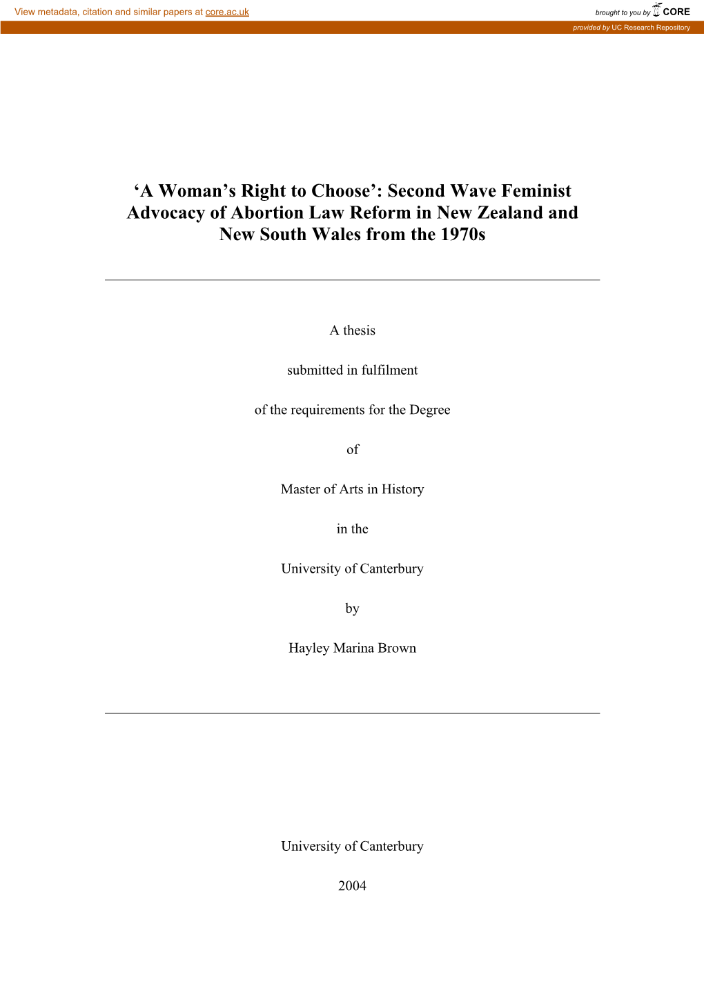 Second Wave Feminist Advocacy of Abortion Law Reform in New Zealand and New South Wales from the 1970S