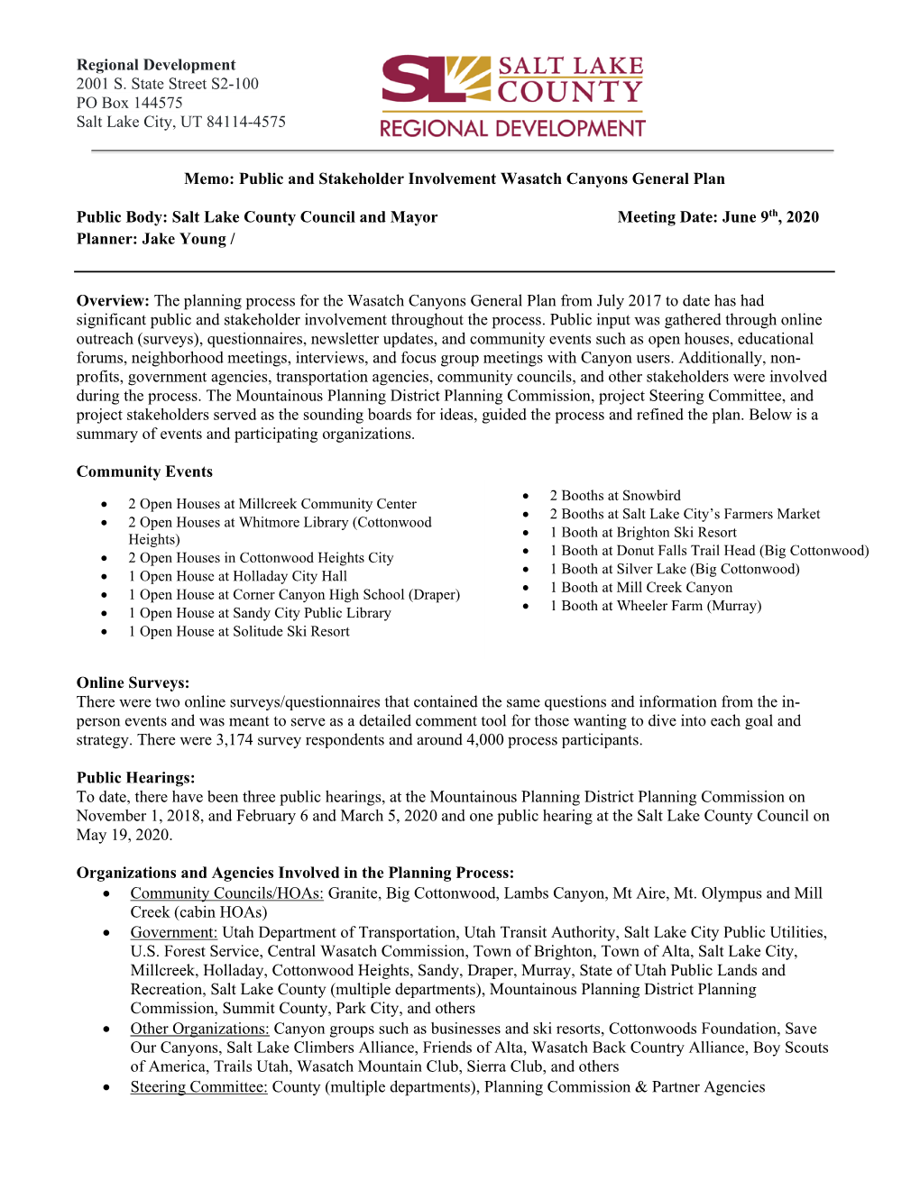Public and Stakeholder Involvement Wasatch Canyons General Plan