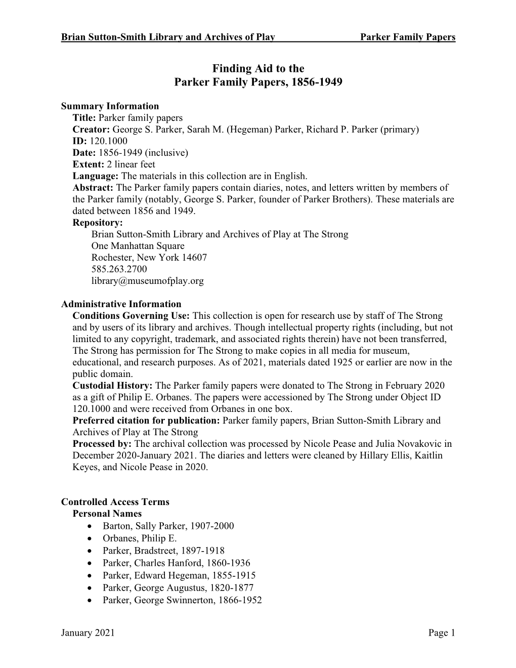 Finding Aid to the Parker Family Papers, 1856-1949