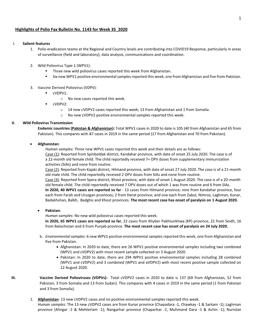 1 Highlights of Polio Fax Bulletin No. 1143 for Week 35 2020