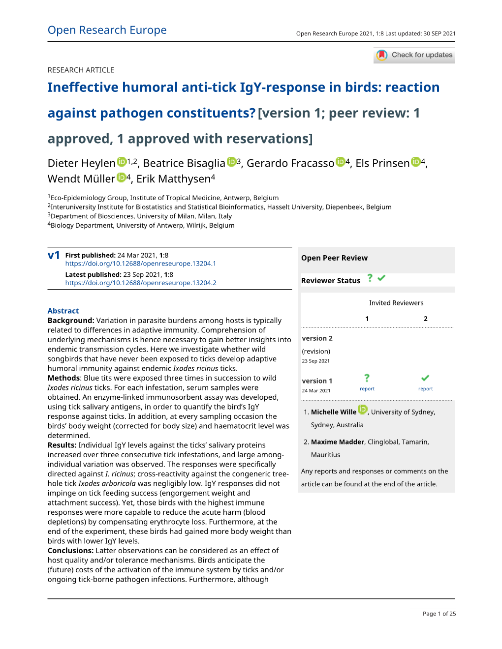 Ineffective Humoral Anti-Tick Igy-Response in Birds: Reaction Against Pathogen Constituents? [Version 1; Peer Review: 1 Approved, 1 Approved with Reservations]