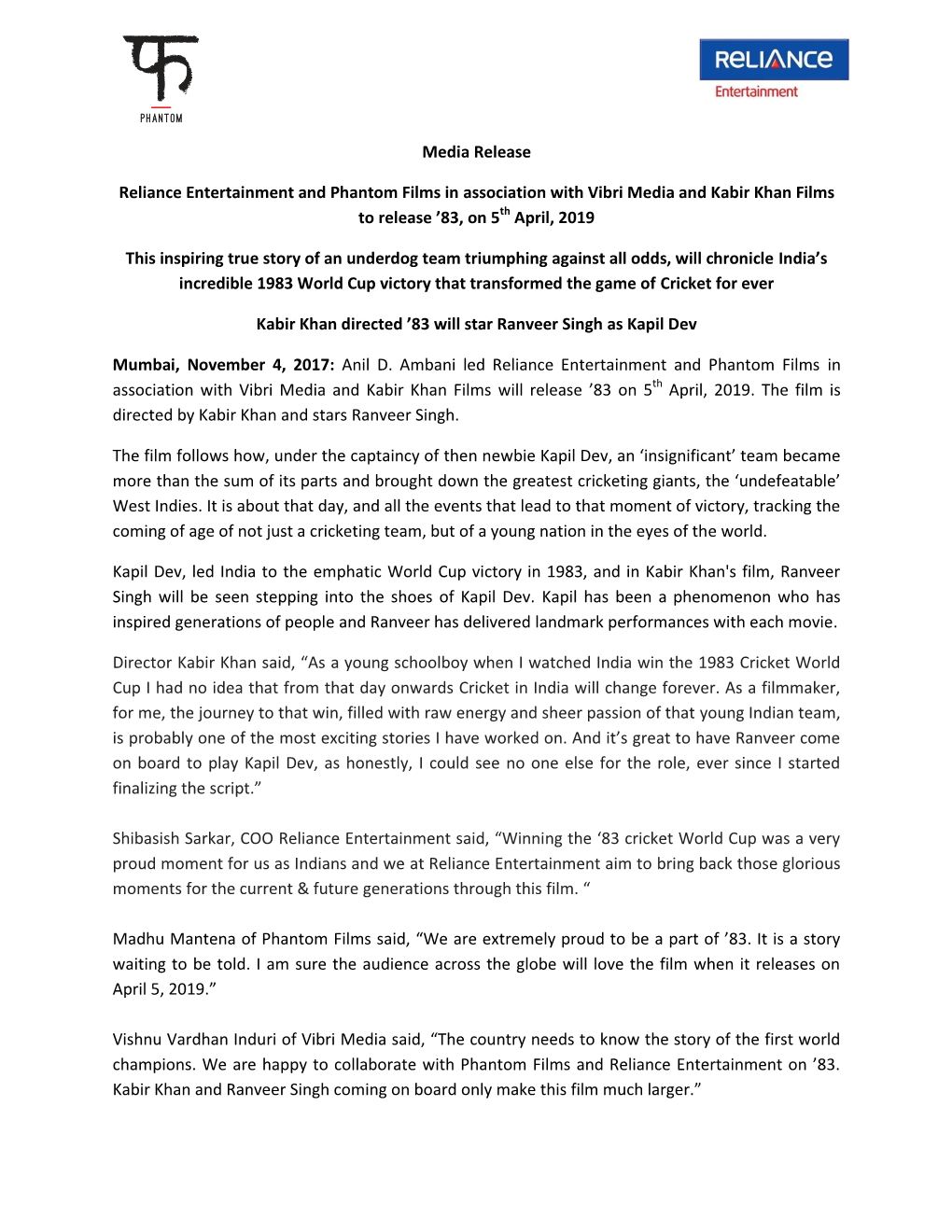 Media Release Reliance Entertainment and Phantom Films