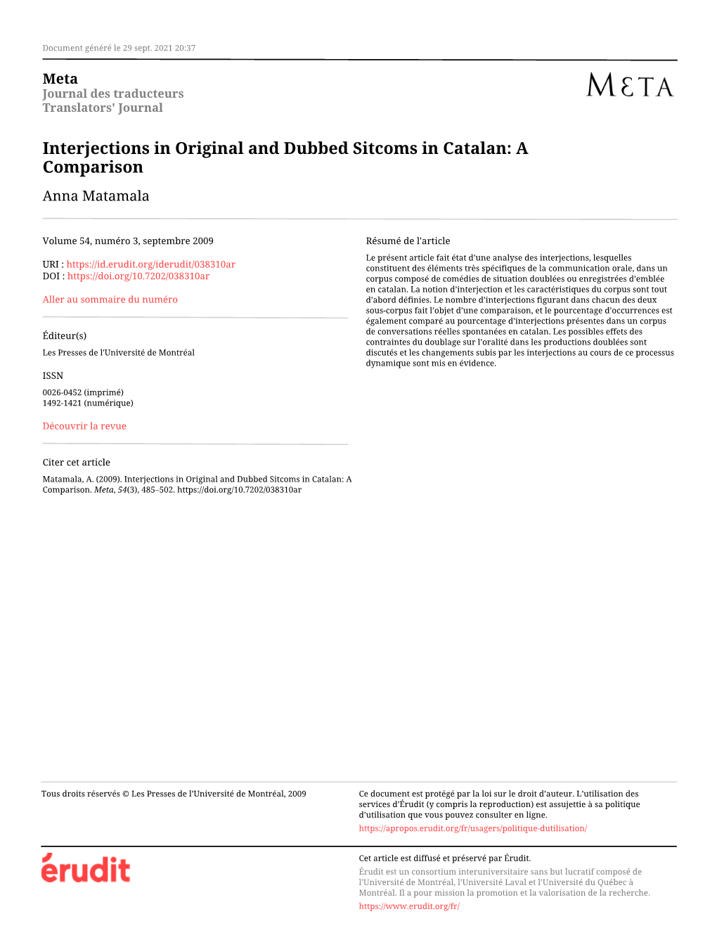 Interjections in Original and Dubbed Sitcoms in Catalan: a Comparison Anna Matamala