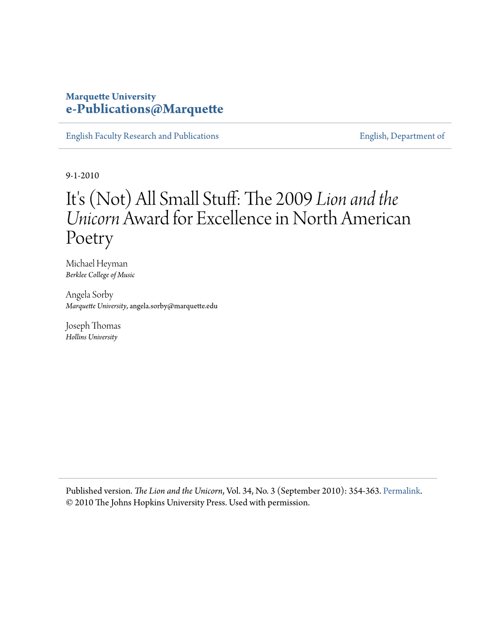 It's (Not) All Small Stuff: the 2009 Lion and the Unicorn Award for Excellence in North American Poetry Michael Heyman Berklee College of Music