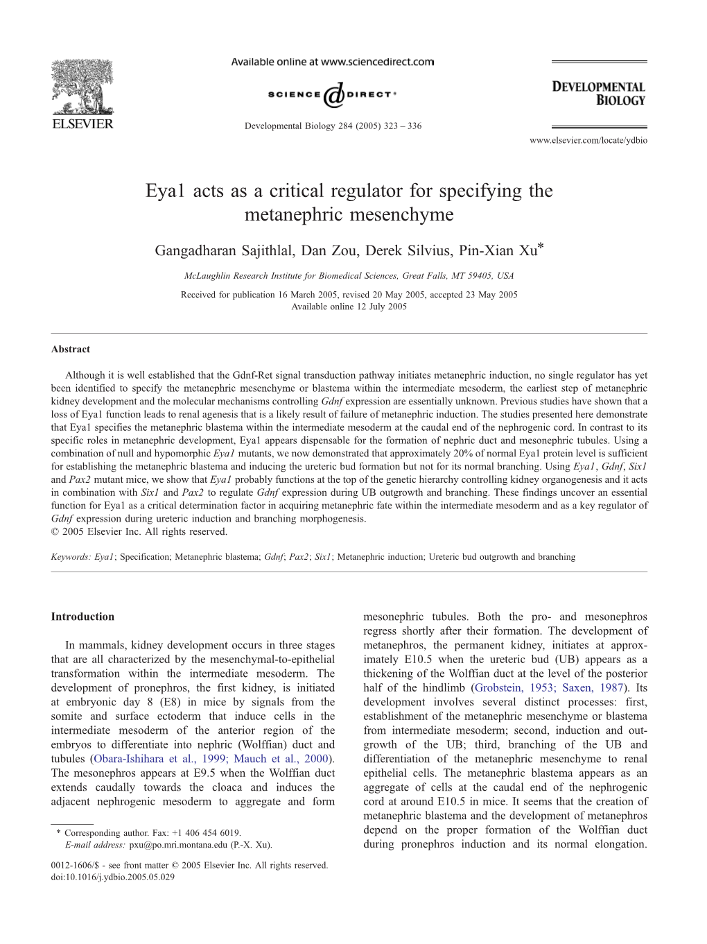 Eya1 Acts As a Critical Regulator for Specifying the Metanephric Mesenchyme