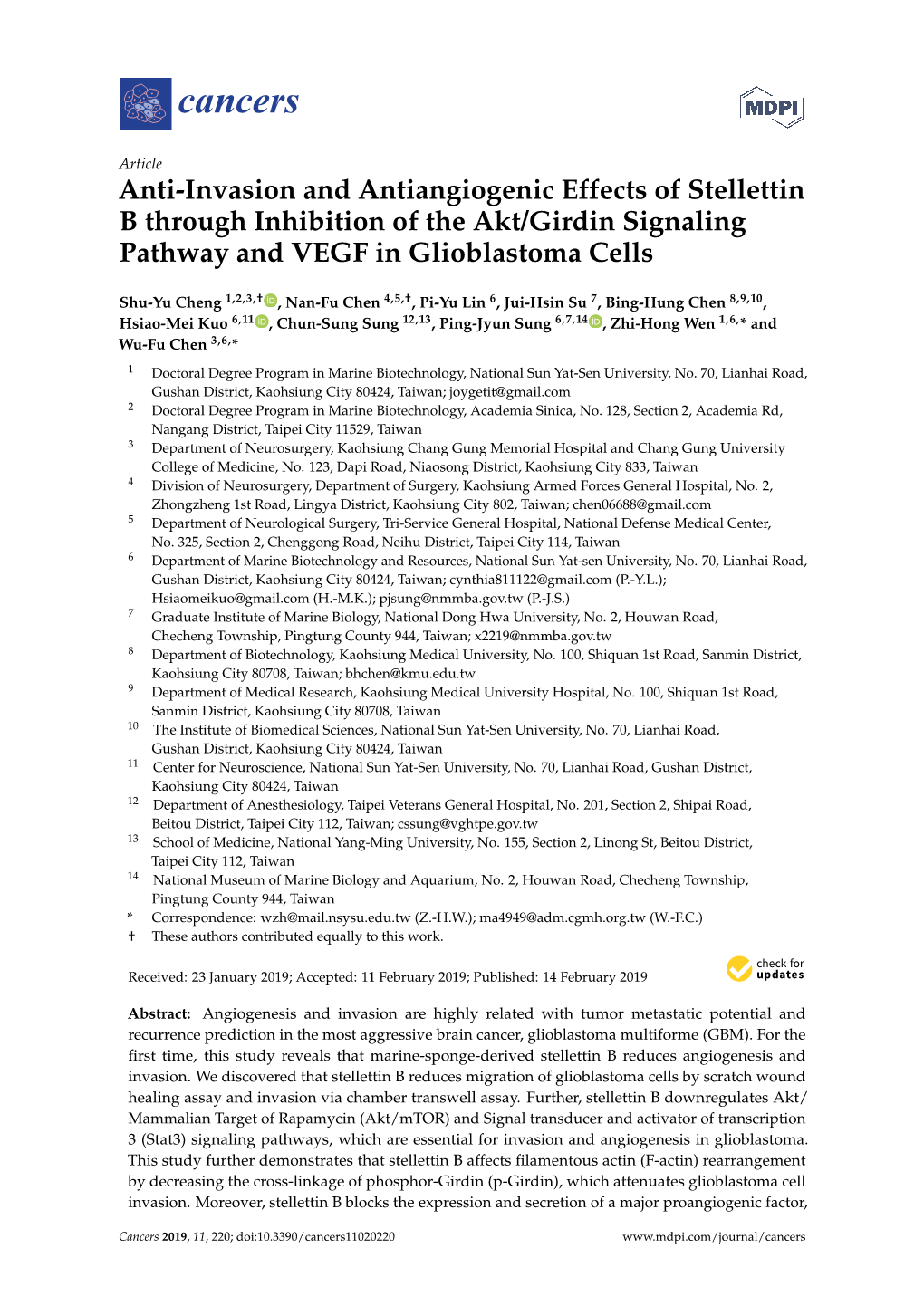 Anti-Invasion and Antiangiogenic Effects of Stellettin B Through Inhibition of the Akt/Girdin Signaling Pathway and VEGF in Glioblastoma Cells