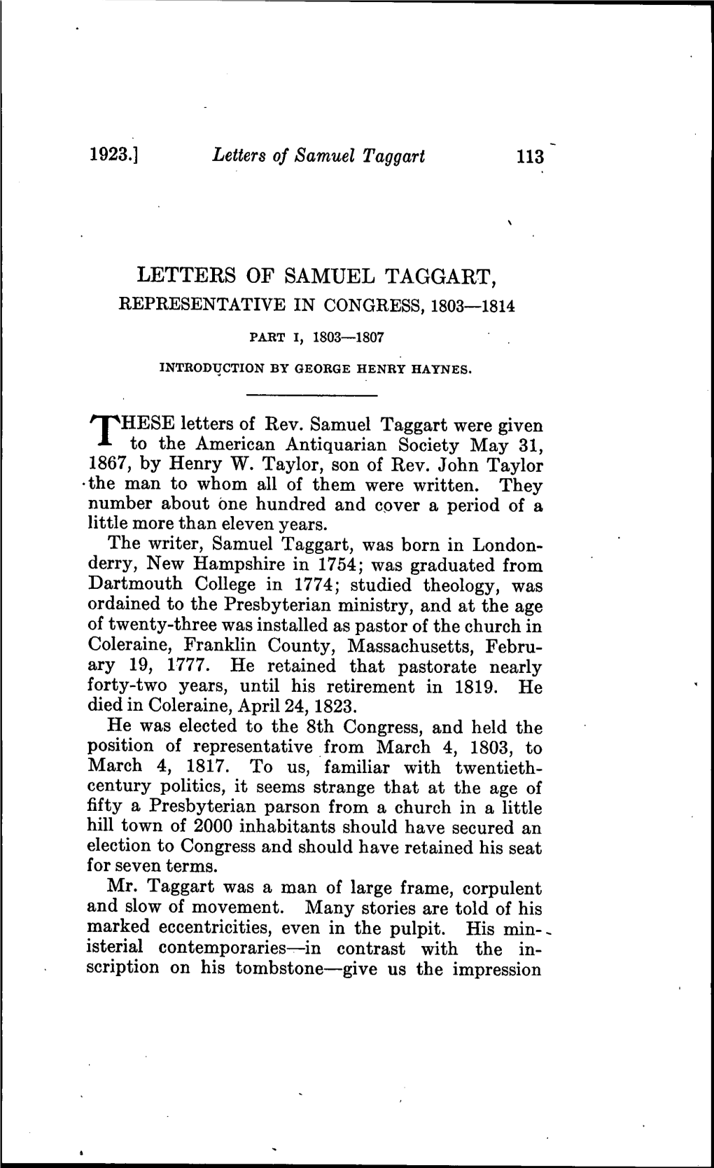 Letters of Samuel Taggart, Representative in Congress, 1803—1814