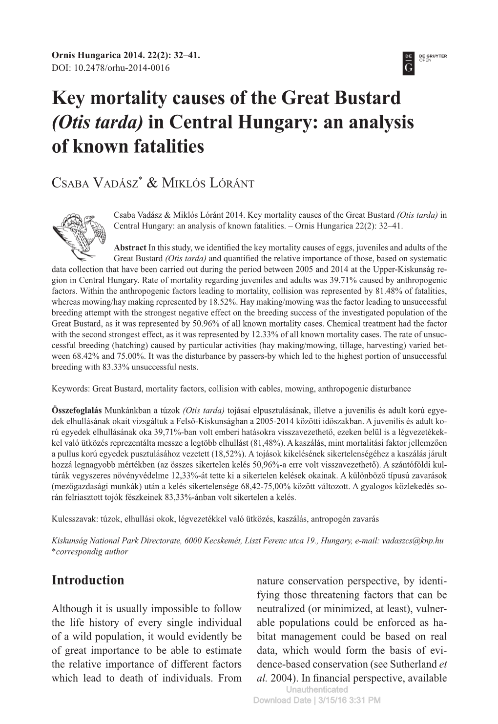 Key Mortality Causes of the Great Bustard (Otis Tarda) in Central Hungary: an Analysis of Known Fatalities