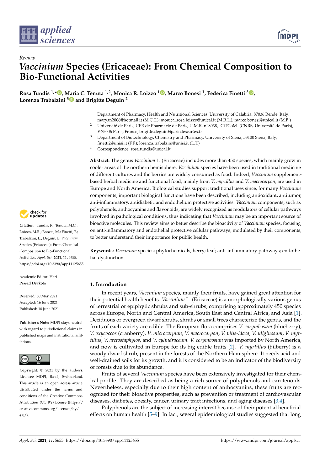 Vaccinium Species (Ericaceae): from Chemical Composition to Bio-Functional Activities