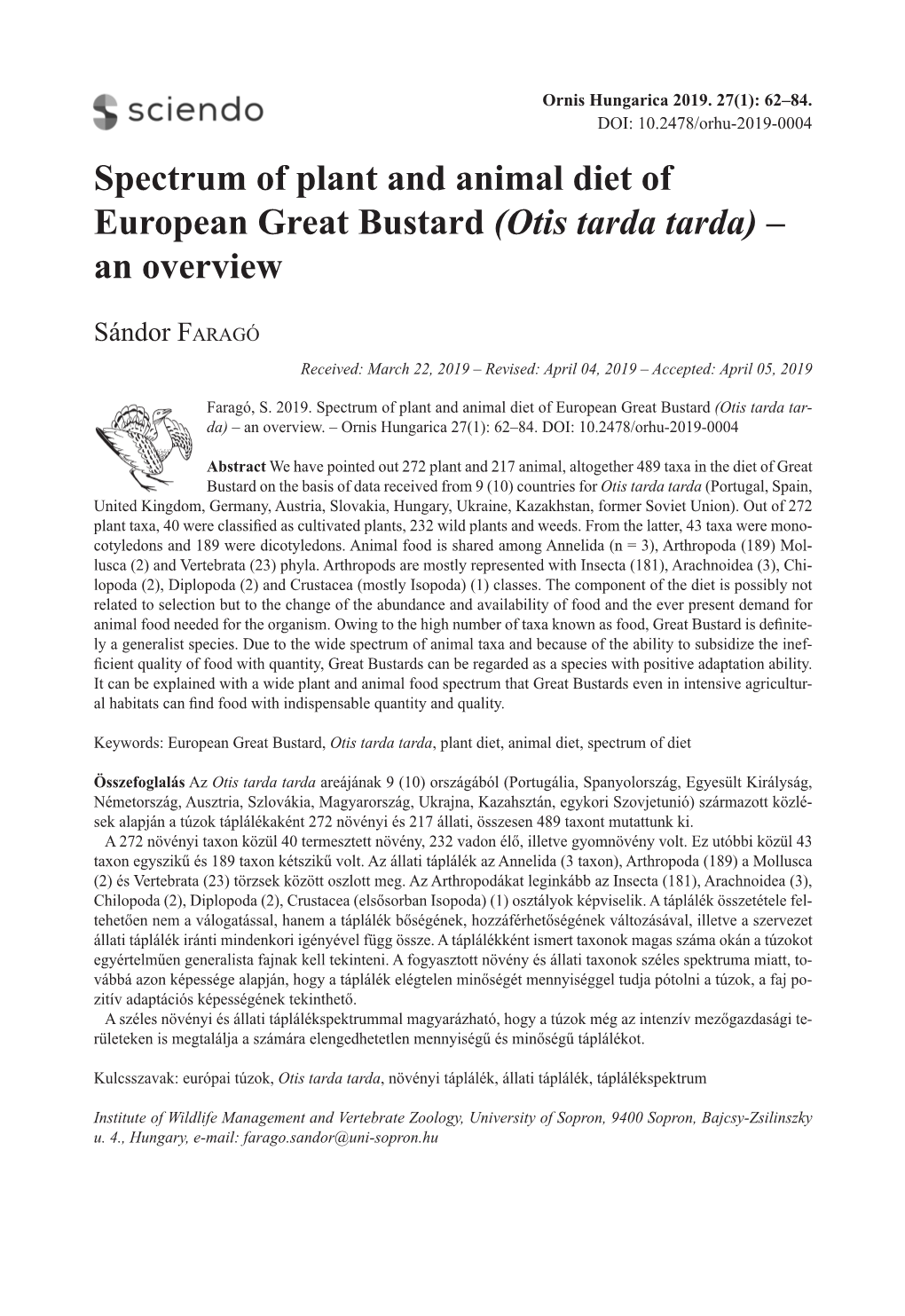 Spectrum of Plant and Animal Diet of European Great Bustard (Otis Tarda Tarda) – an Overview