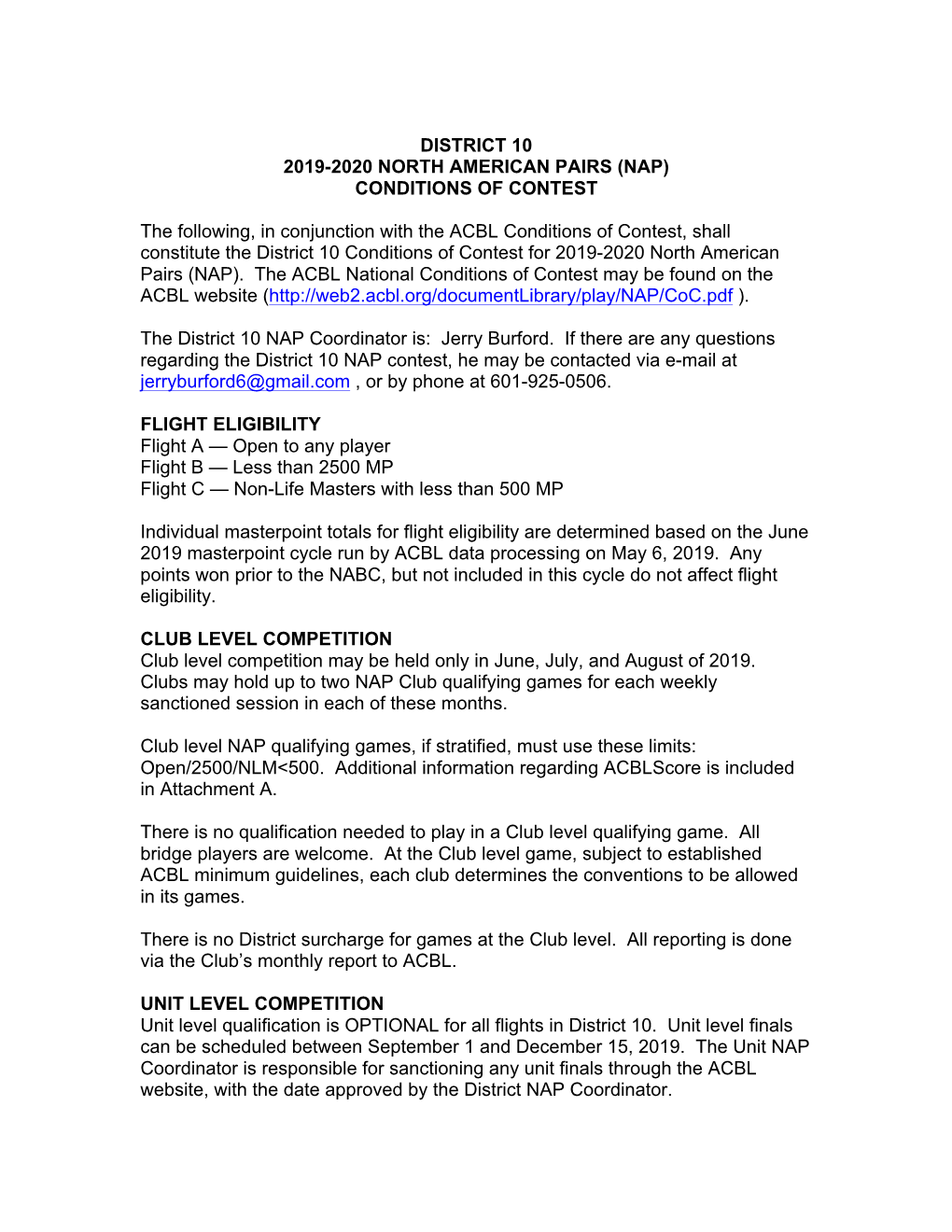 District 10 2019-2020 North American Pairs (Nap) Conditions of Contest