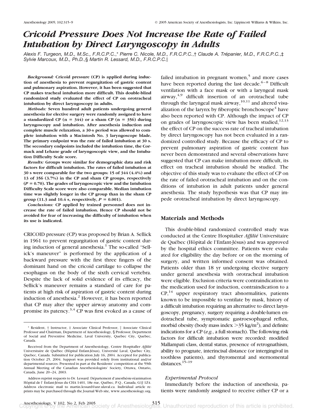 Cricoid Pressure Does Not Increase the Rate of Failed Intubation by Direct Laryngoscopy in Adults Alexis F