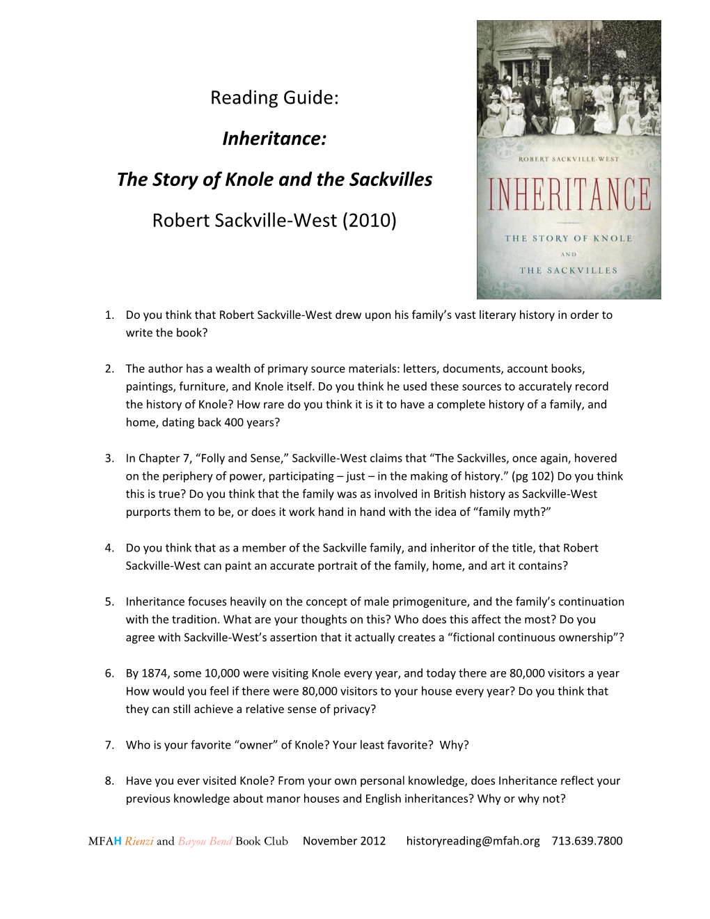 Reading Guide: Inheritance: the Story of Knole and the Sackvilles Robert Sackville-West (2010)