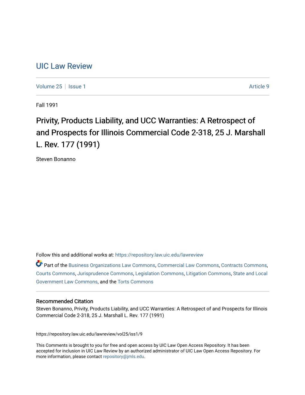Privity, Products Liability, and UCC Warranties: a Retrospect of and Prospects for Illinois Commercial Code 2-318, 25 J