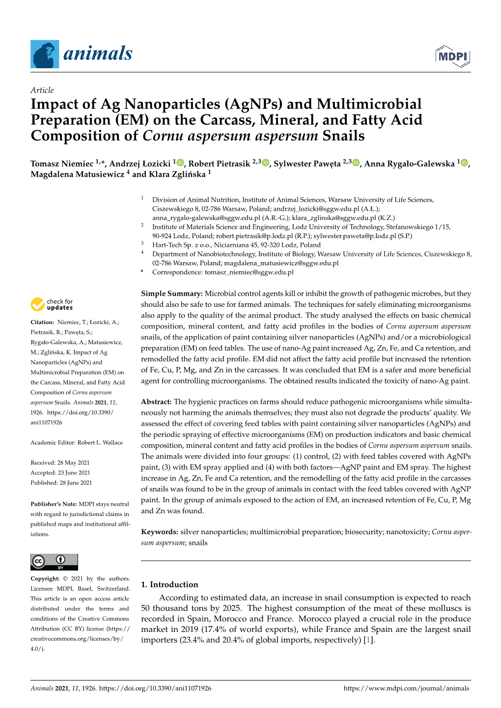 Agnps) and Multimicrobial Preparation (EM) on the Carcass, Mineral, and Fatty Acid Composition of Cornu Aspersum Aspersum Snails