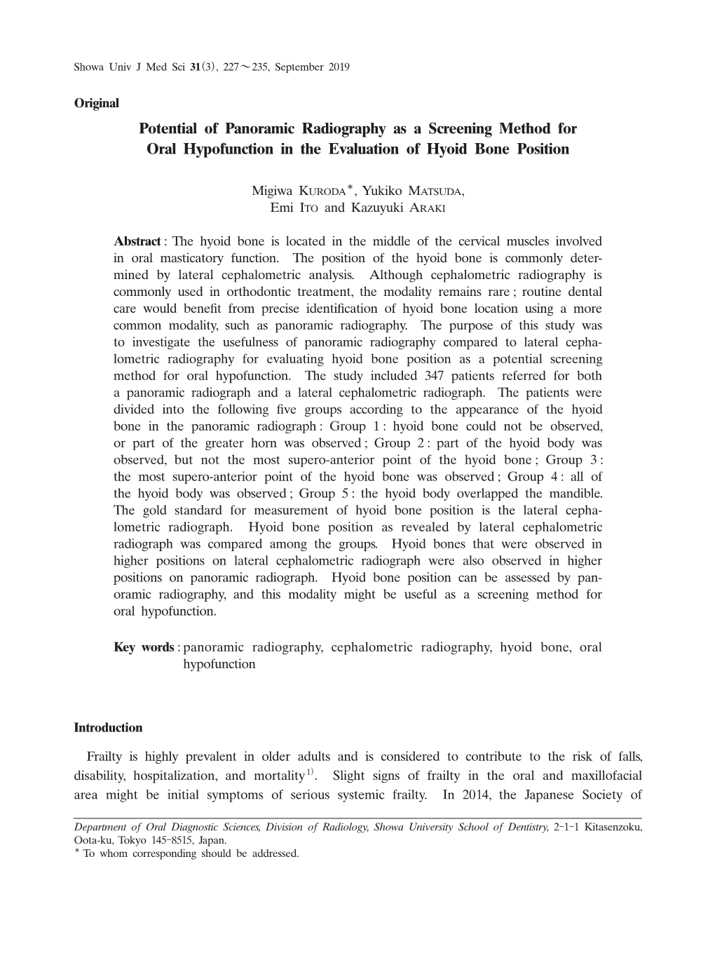 Potential of Panoramic Radiography As a Screening Method for Oral Hypofunction in the Evaluation of Hyoid Bone Position