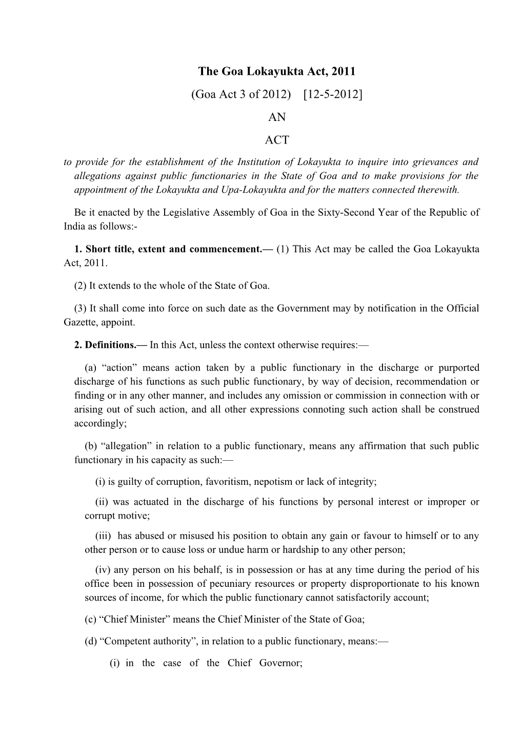 The Goa Lokayukta Act, 2011