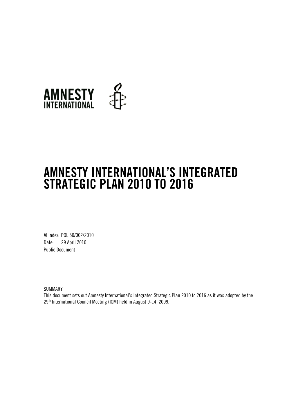 Amnesty International's Integrated Strategic Plan 2010 to 2016