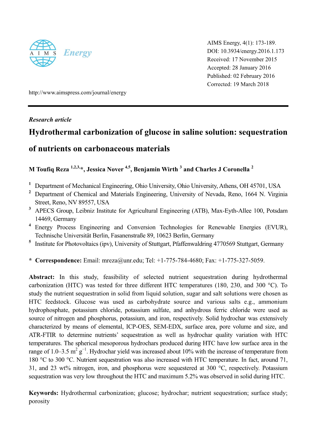 Hydrothermal Carbonization of Glucose in Saline Solution: Sequestration of Nutrients on Carbonaceous Materials