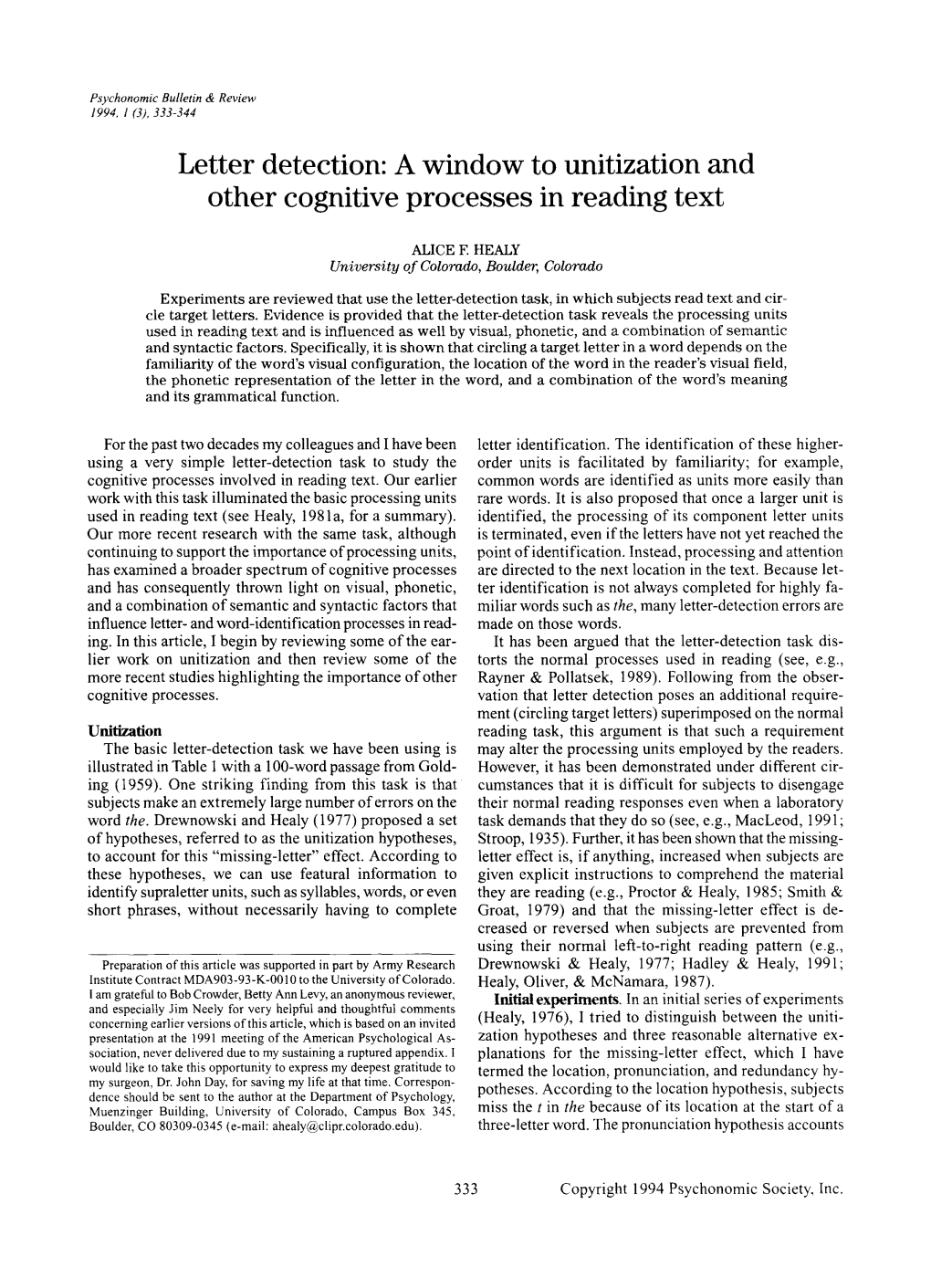 A Window to Unitization and Other Cognitive Processes in Reading Text