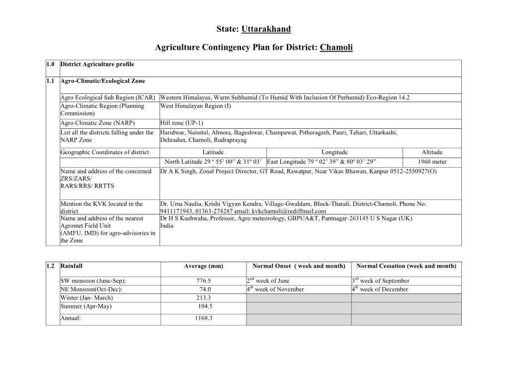 State: Uttarakhand Agriculture Contingency Plan for District: Chamoli