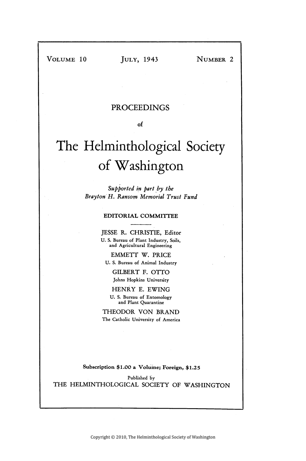 Proceedings of the Helminthological Society of Washington 10(2) 1943