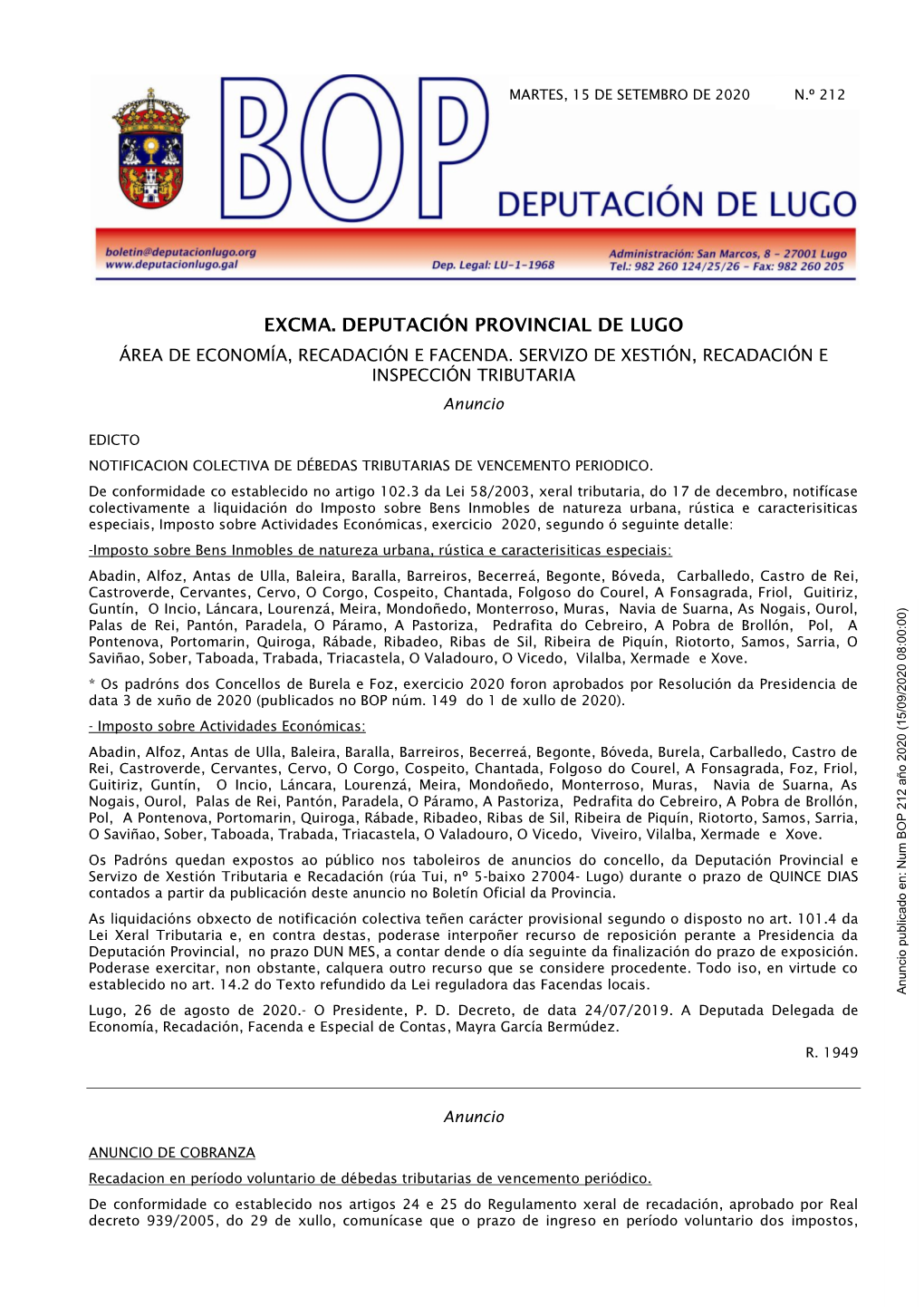 Excma. Deputación Provincial De Lugo Área De Economía, Recadación E Facenda