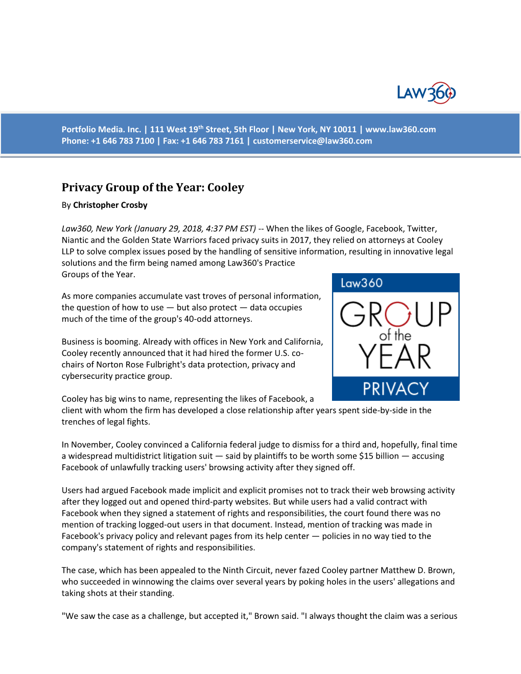 Privacy Group of the Year: Cooley by Christopher Crosby