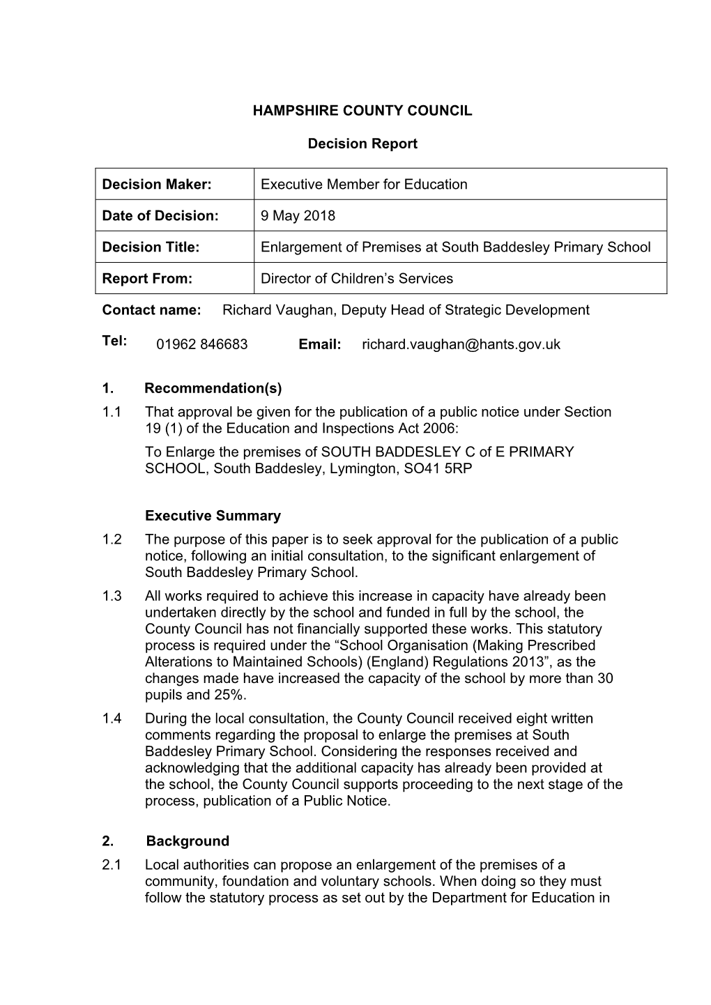 2018-04-09 Enlargement of South Baddesley Primary School PDF 255